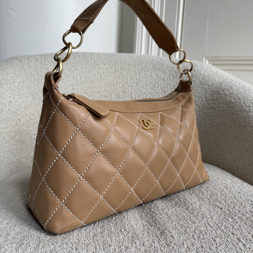 2003 Chanel CC Surpique Wild Stitch Beige Leather Handbag