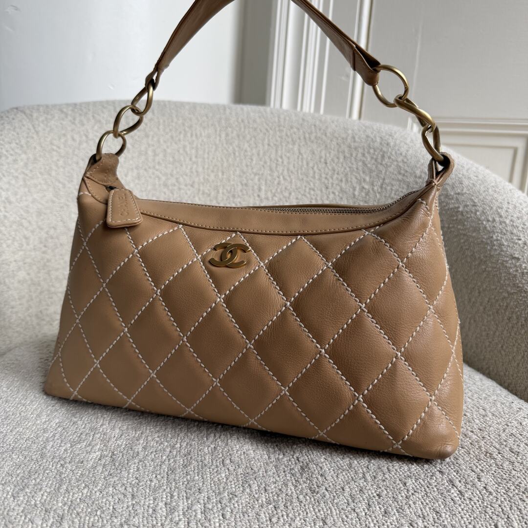 2003 Chanel CC Surpique Wild Stitch Beige Leather Handbag