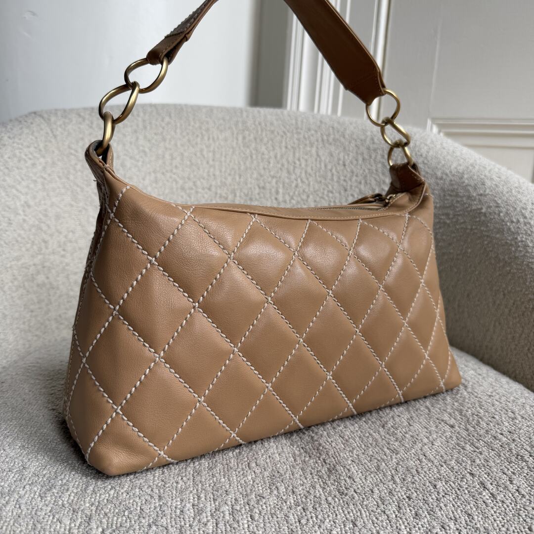 2003 Chanel CC Surpique Wild Stitch Beige Leather Handbag