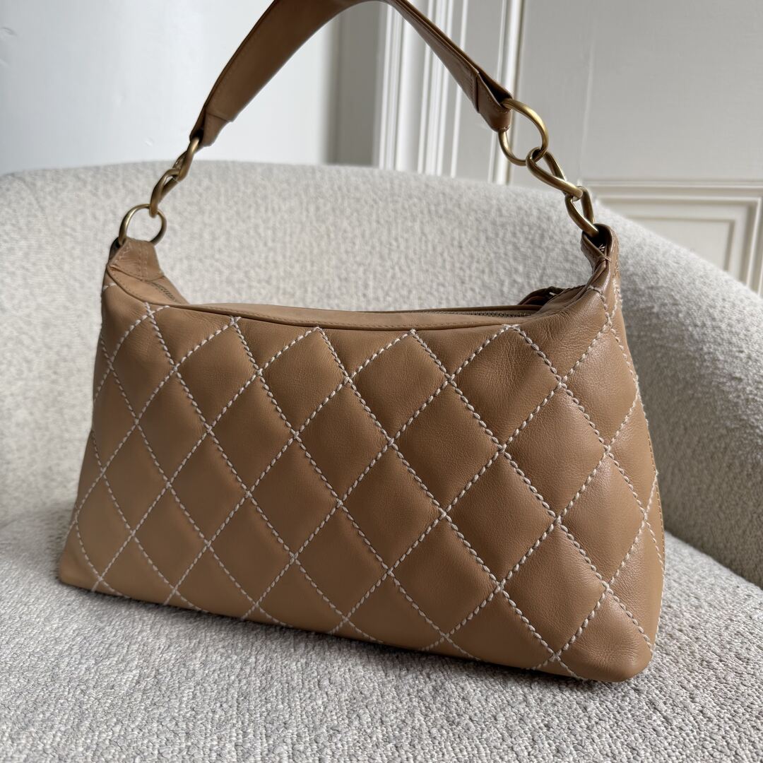 2003 Chanel CC Surpique Wild Stitch Beige Leather Handbag