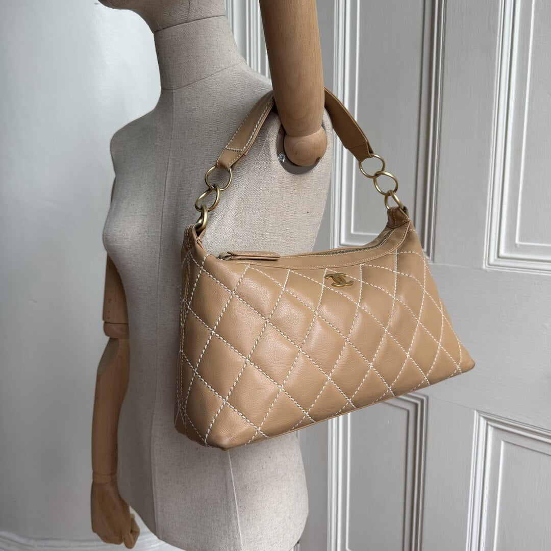 2003 Chanel CC Surpique Wild Stitch Beige Leather Handbag