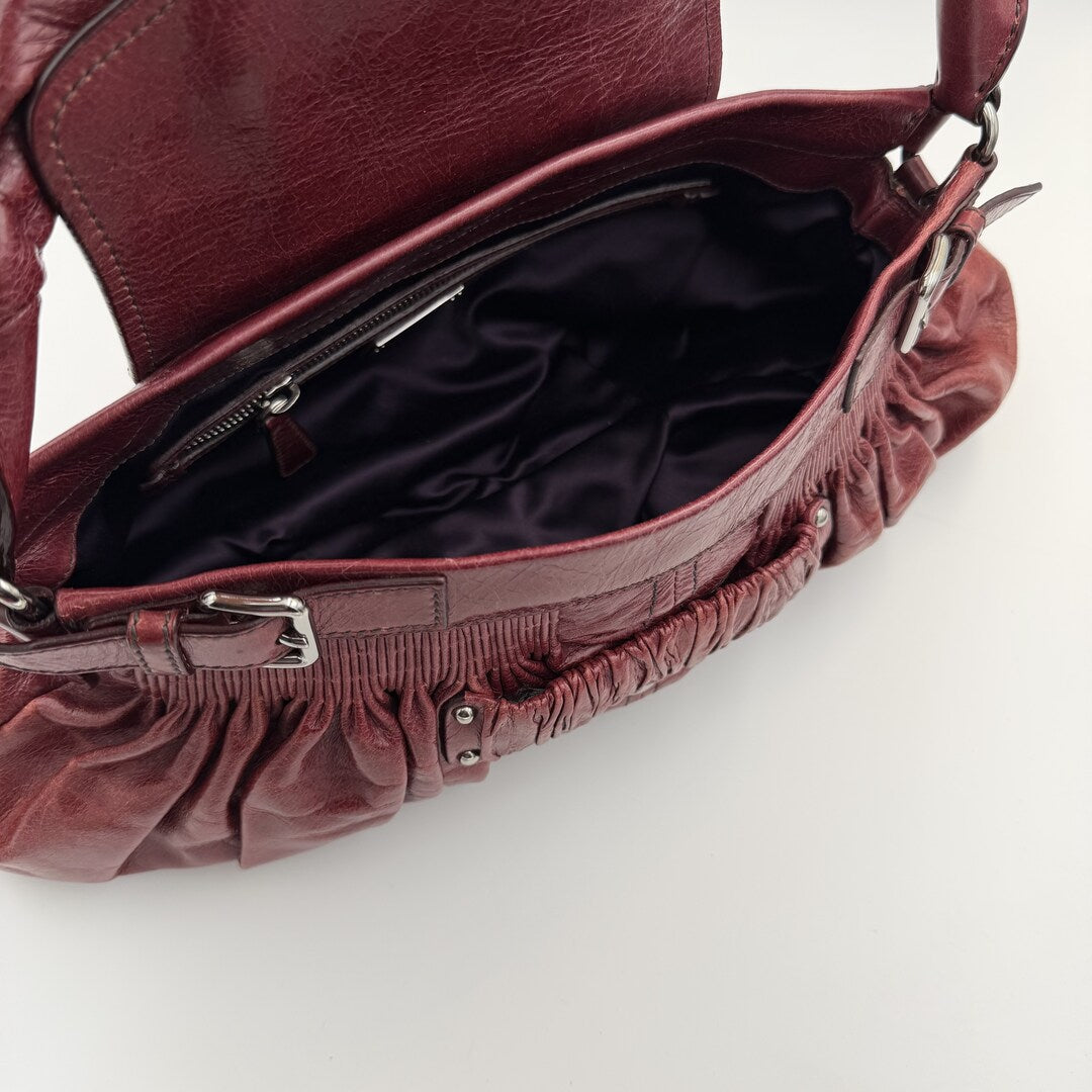Miu Miu Crinkled Leather Wine Red Shoulder Bag