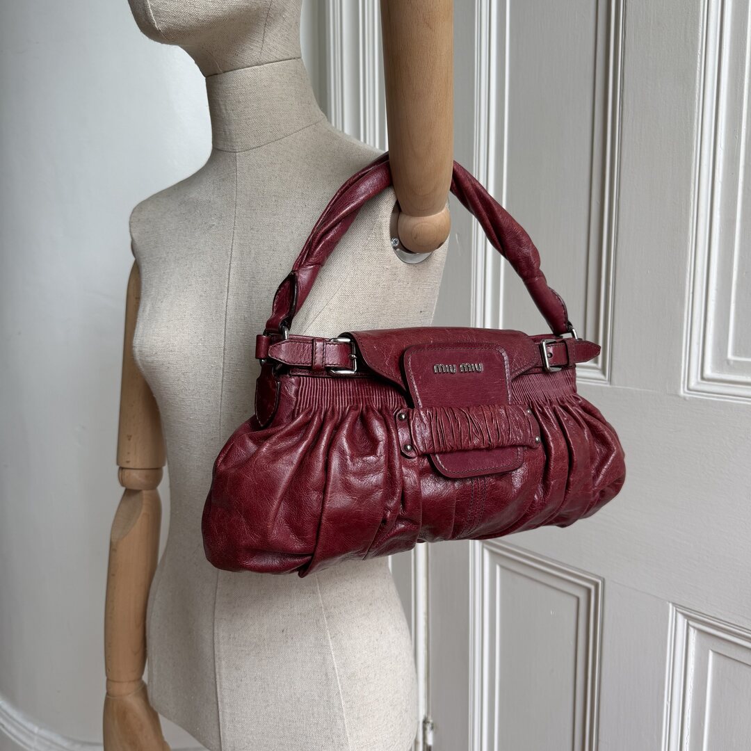 Miu Miu Crinkled Leather Wine Red Shoulder Bag