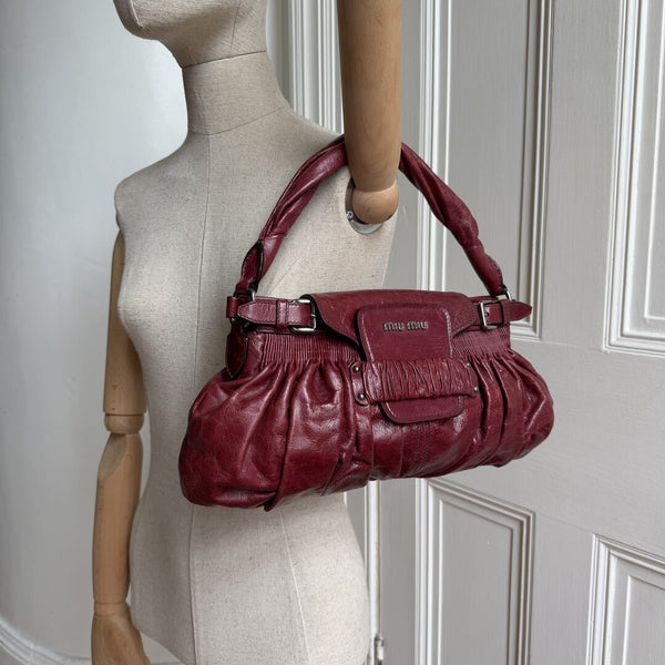 Miu Miu Crinkled Leather Wine Red Shoulder Bag