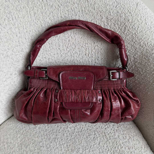 Miu Miu Crinkled Leather Wine Red Shoulder Bag