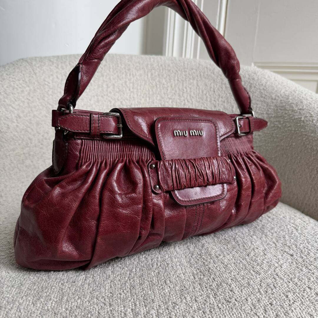 Miu Miu Crinkled Leather Wine Red Shoulder Bag