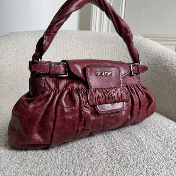 Miu Miu Crinkled Leather Wine Red Shoulder Bag