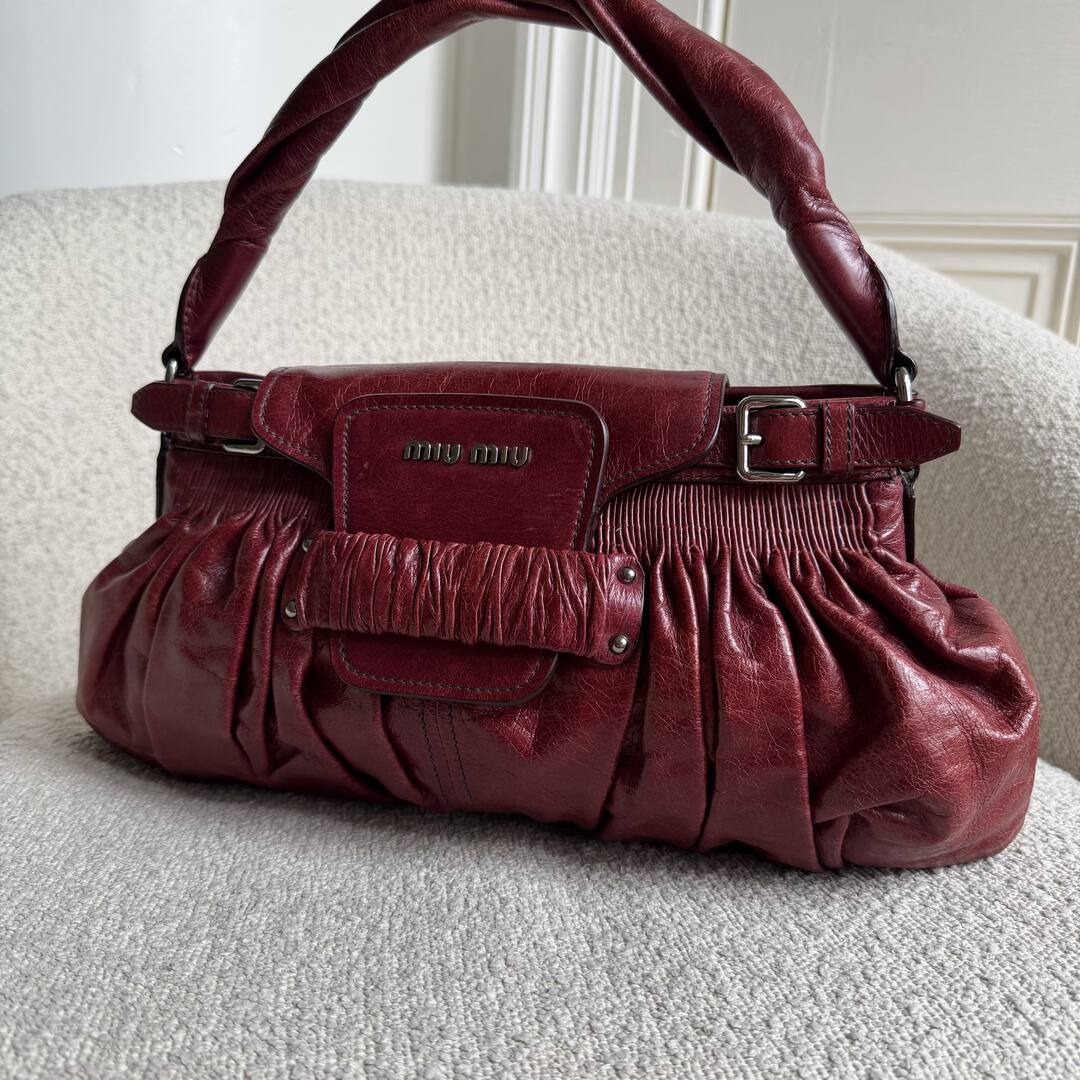 Miu Miu Crinkled Leather Wine Red Shoulder Bag