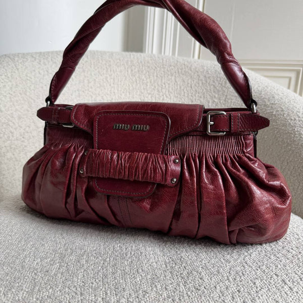 Miu Miu Crinkled Leather Wine Red Shoulder Bag