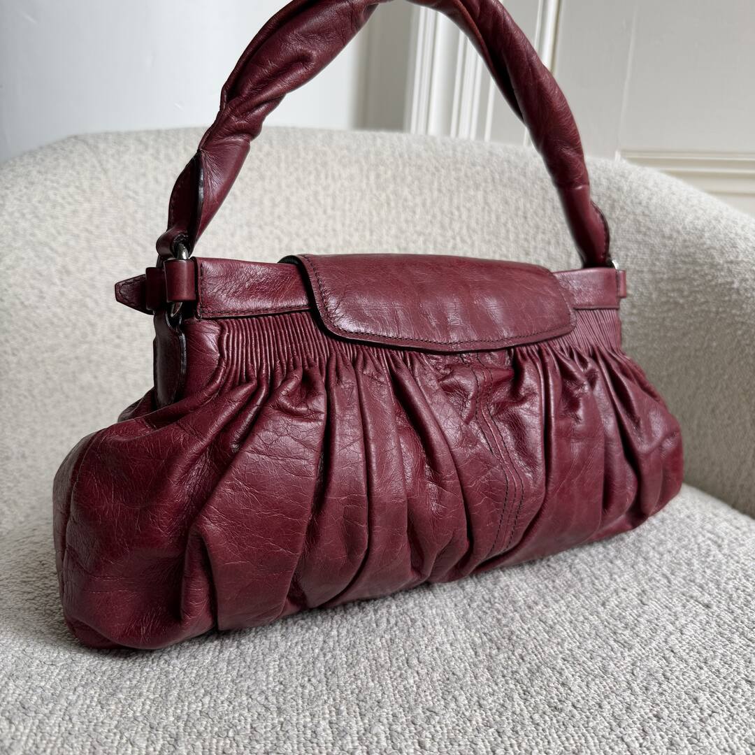 Miu Miu Crinkled Leather Wine Red Shoulder Bag