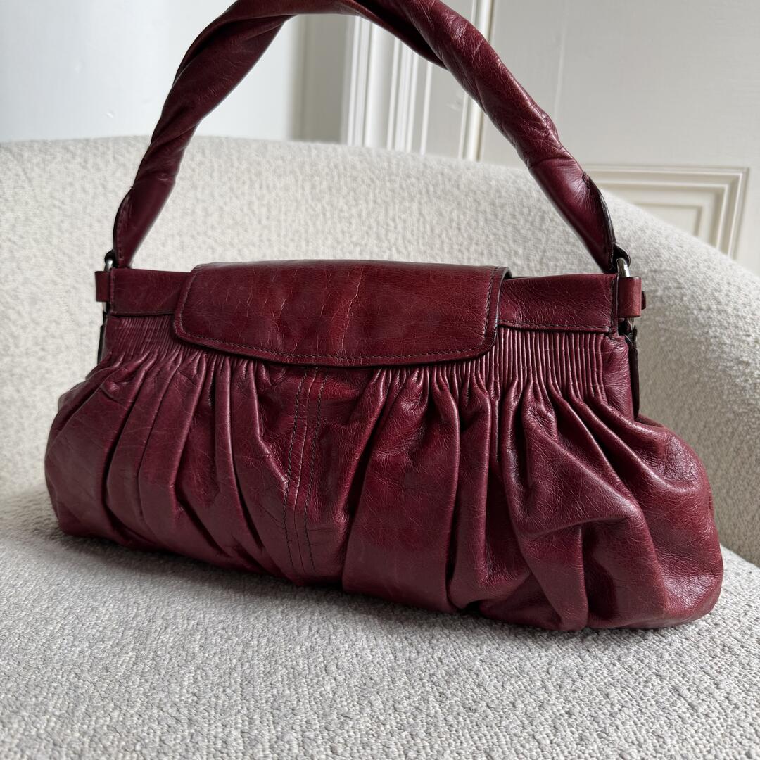 Miu Miu Crinkled Leather Wine Red Shoulder Bag