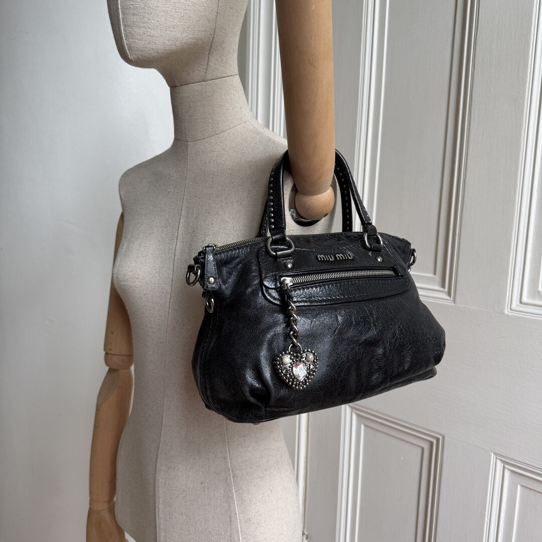 Miu Miu Studded Charm Black Leather Mini Shoulder Bag