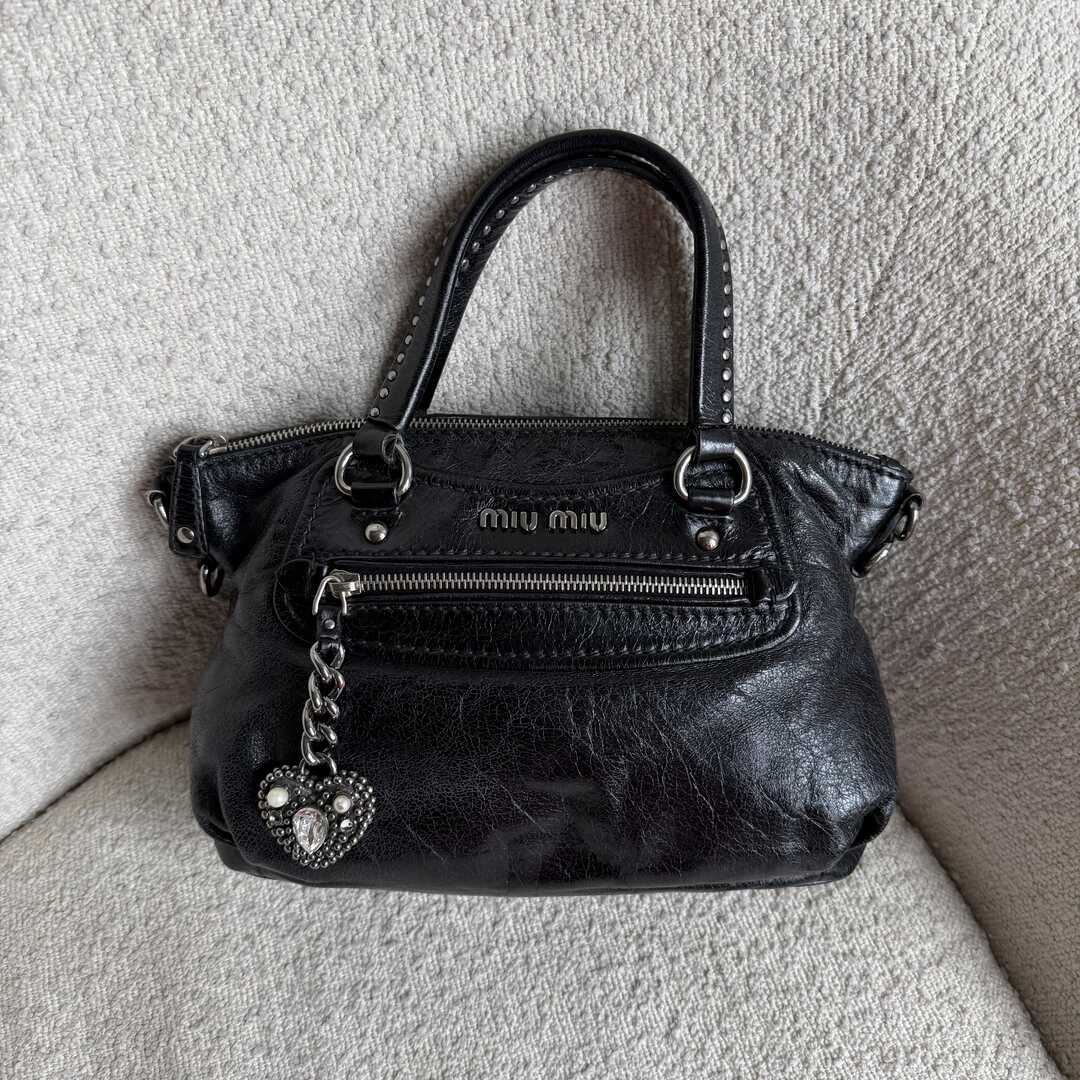 Miu Miu Studded Charm Black Leather Mini Shoulder Bag