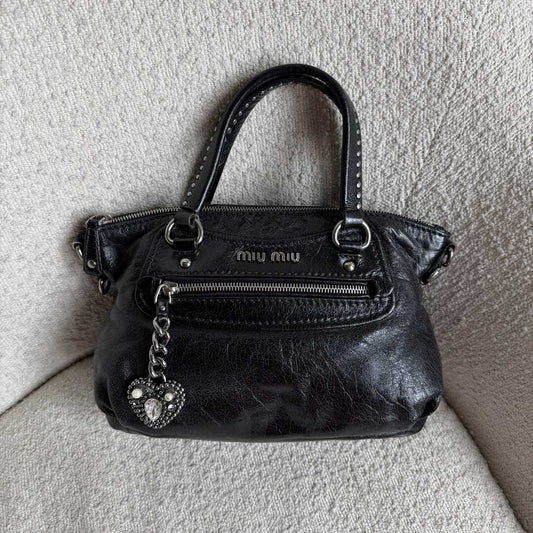 Miu Miu Studded Charm Black Leather Mini Shoulder Bag