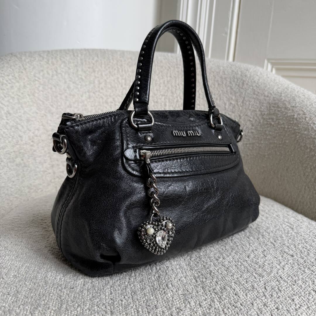 Miu Miu Studded Charm Black Leather Mini Shoulder Bag
