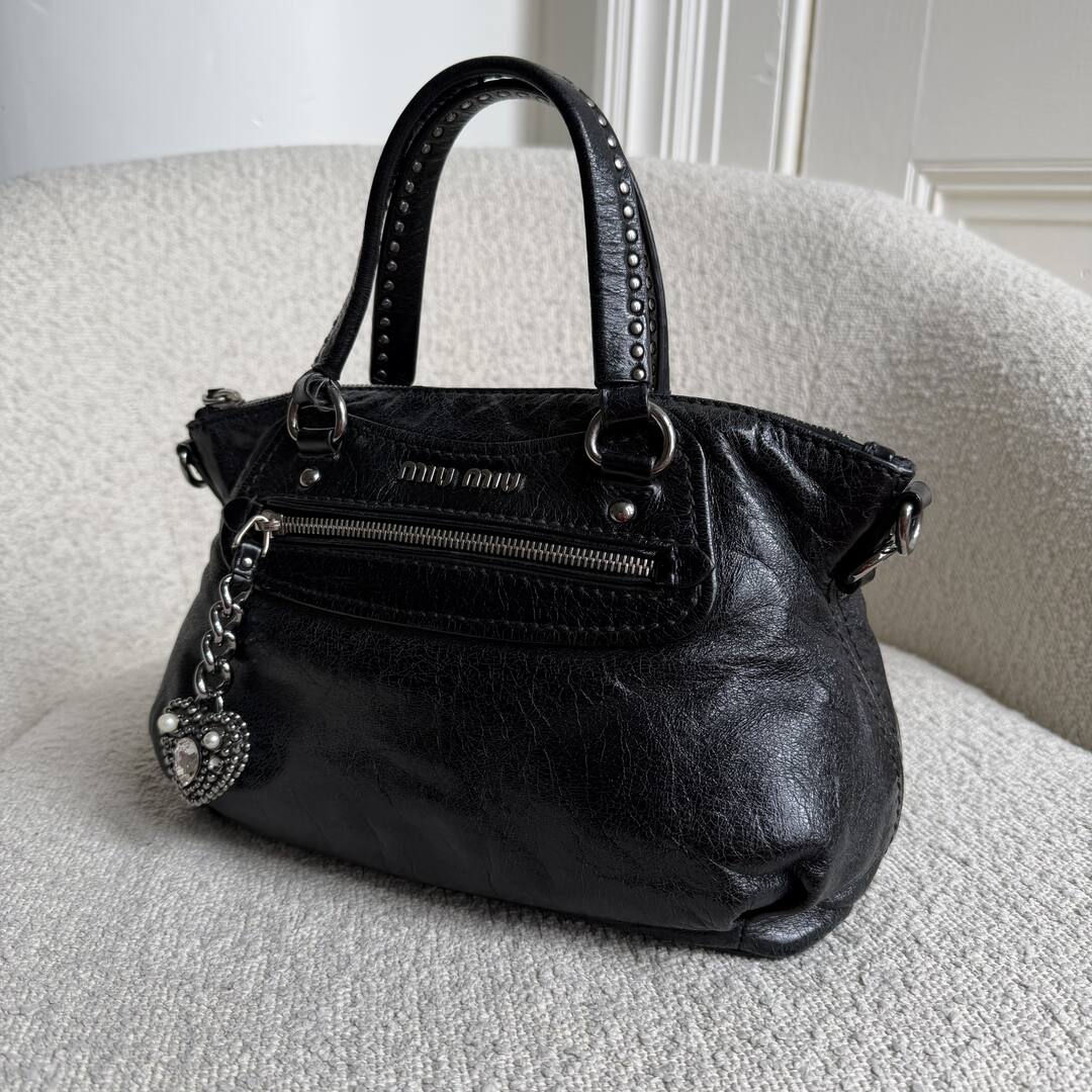 Miu Miu Studded Charm Black Leather Mini Shoulder Bag