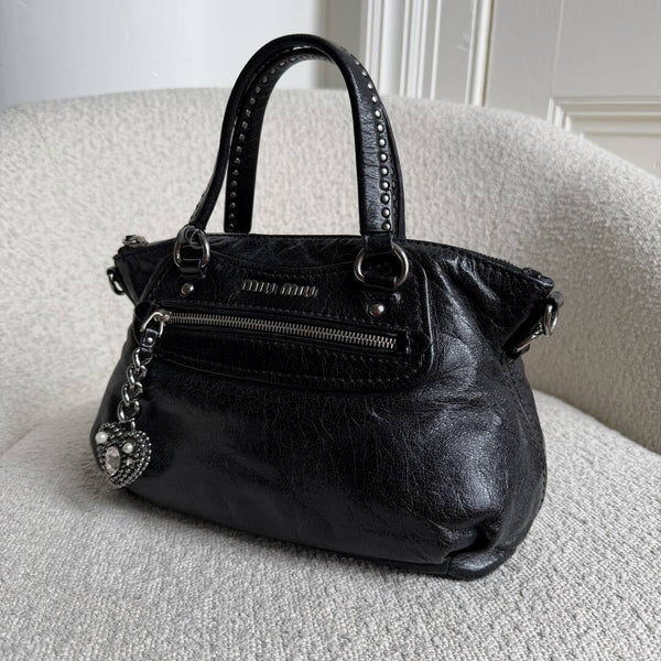 Miu Miu Studded Charm Black Leather Mini Shoulder Bag
