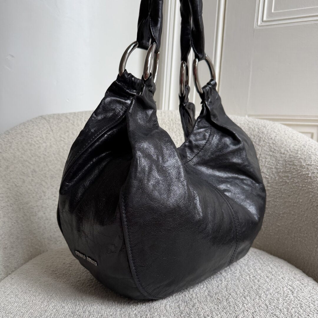 Miu Miu Black Leather Hobo Shoulder Bag