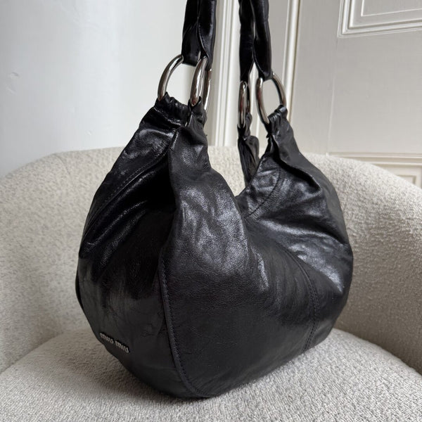 Miu Miu Black Leather Hobo Shoulder Bag