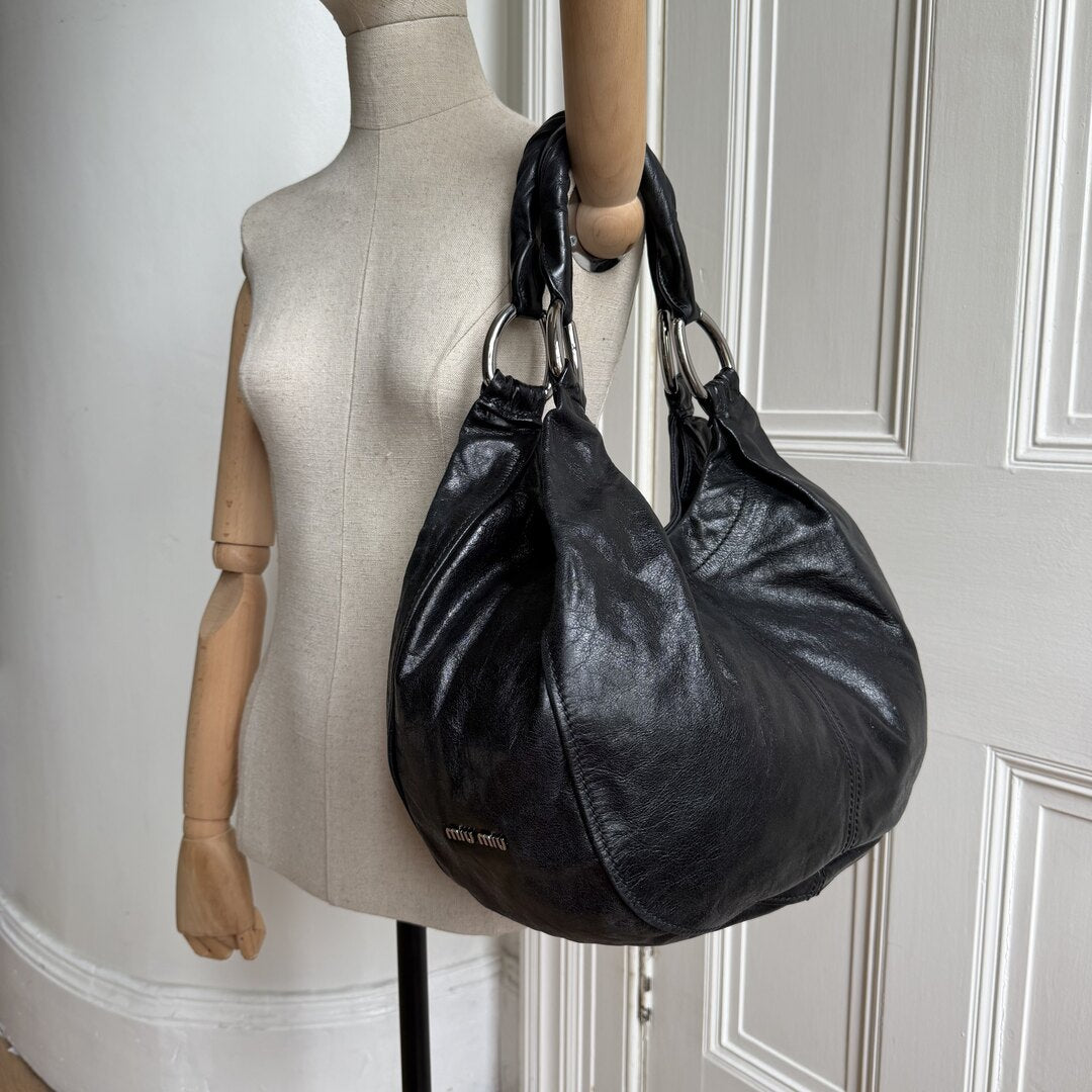 Miu Miu Black Leather Hobo Shoulder Bag