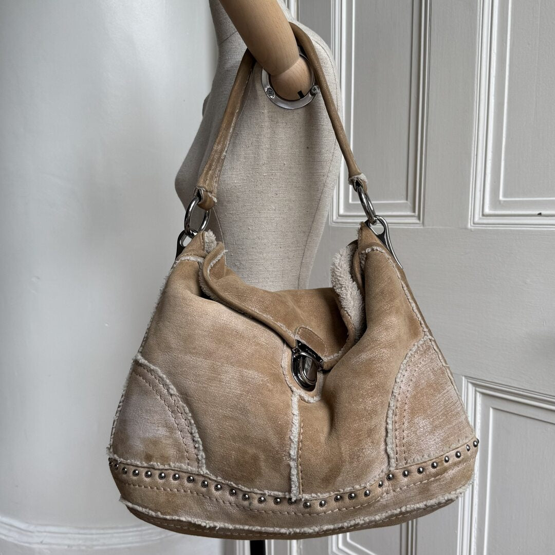 Prada Shearling Hobo Brown Shoulder Bag