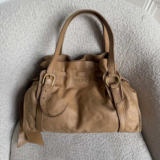 Miu Miu Vitello Leather Caramel Brown Tote Bag