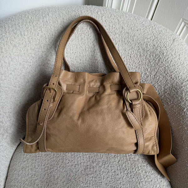 Miu Miu Vitello Leather Caramel Brown Tote Bag