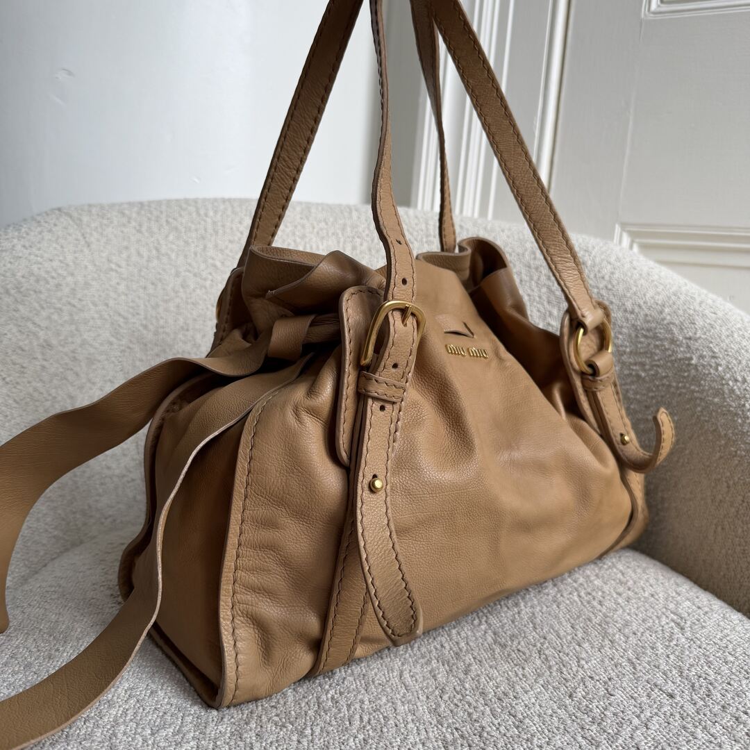 Miu Miu Vitello Leather Caramel Brown Tote Bag