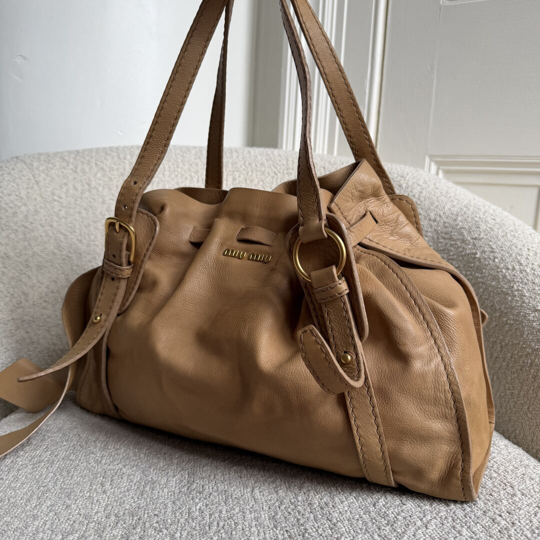Miu Miu Vitello Leather Caramel Brown Tote Bag