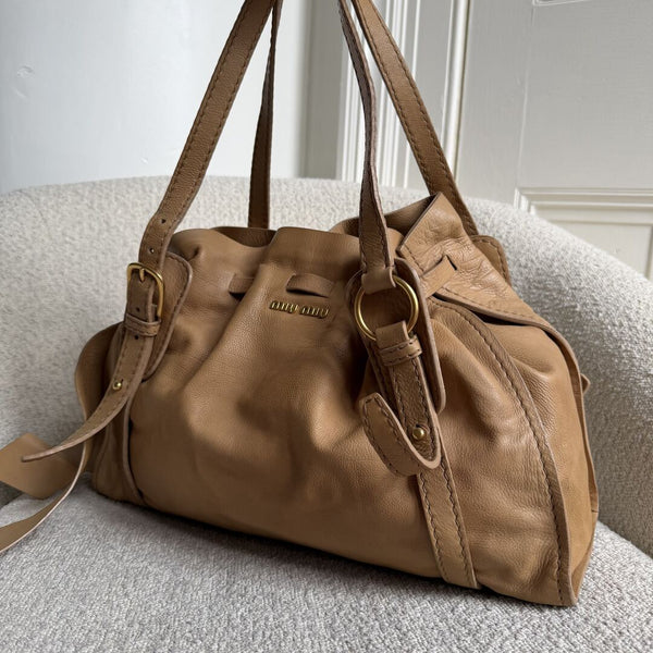 Miu Miu Vitello Leather Caramel Brown Tote Bag