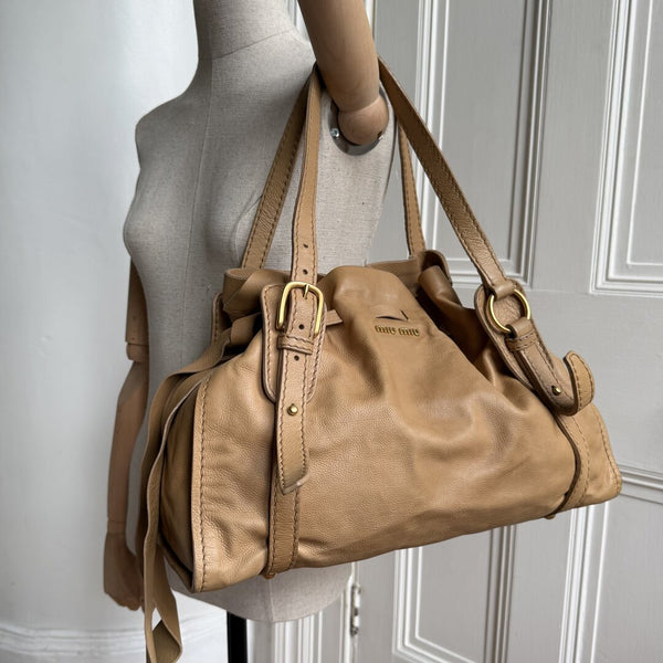 Miu Miu Vitello Leather Caramel Brown Tote Bag