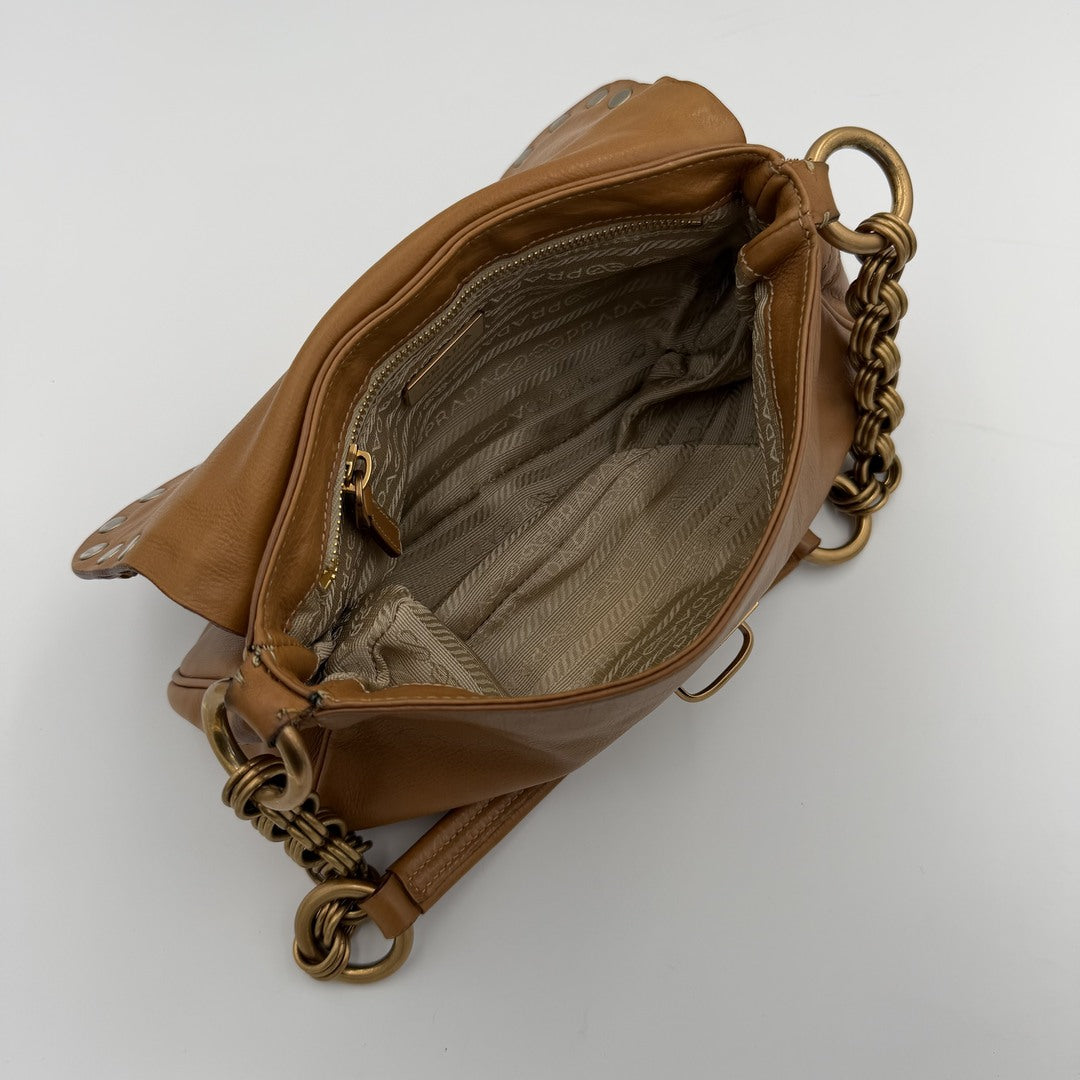 Prada Borchie Studded Brown Leather Shoulder Bag