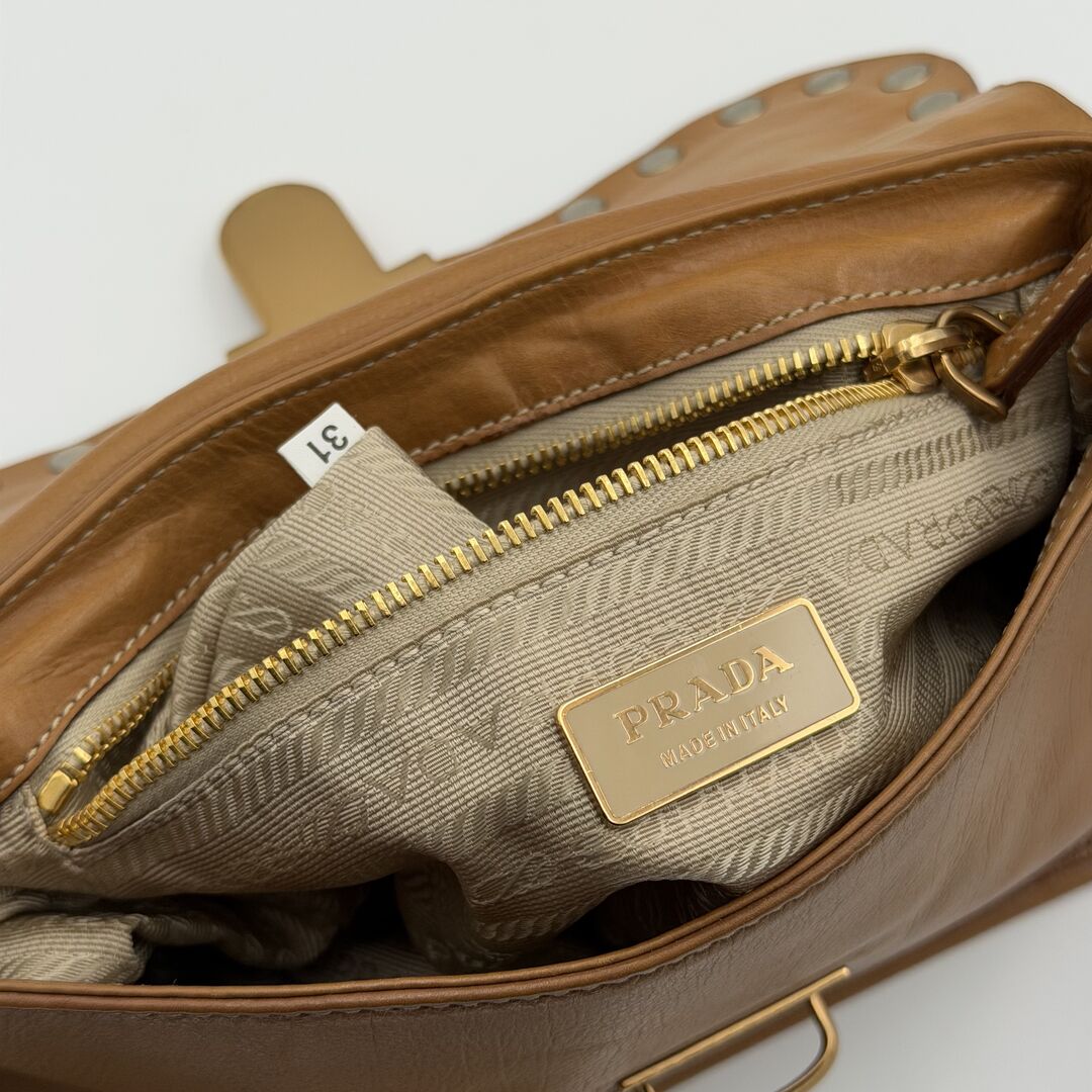 Prada Borchie Studded Brown Leather Shoulder Bag
