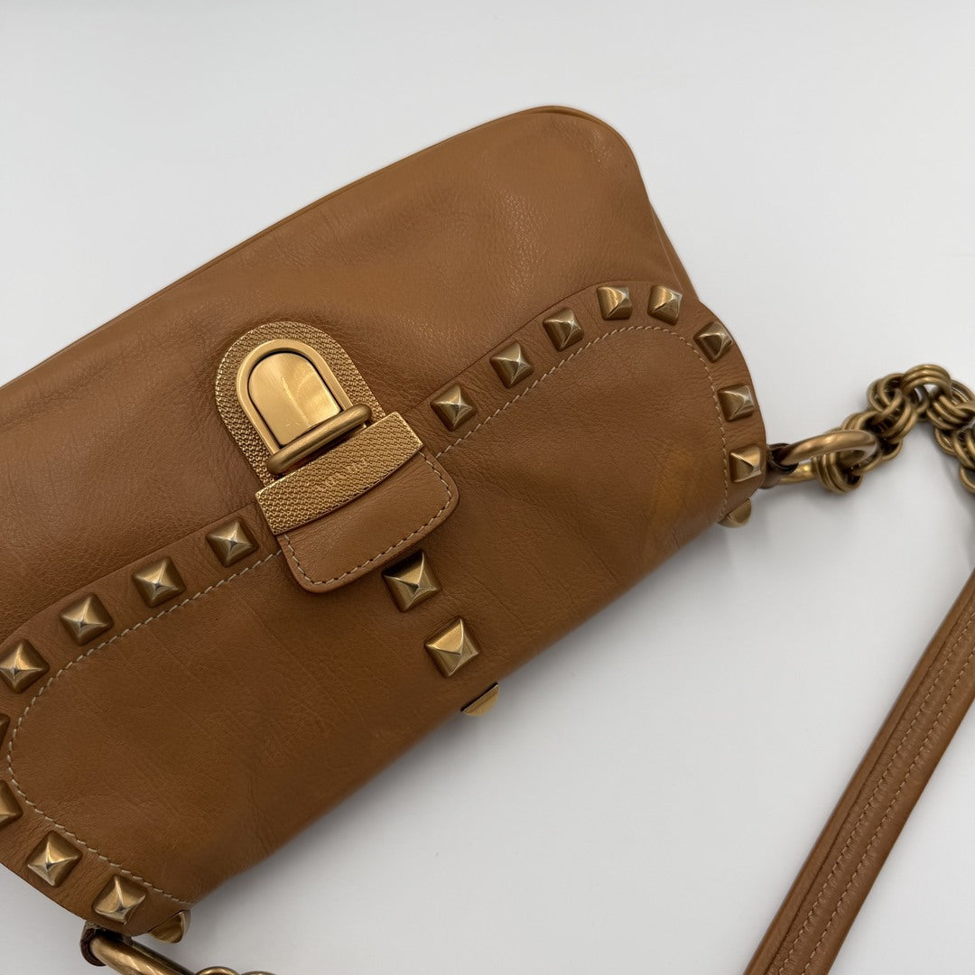 Prada Borchie Studded Brown Leather Shoulder Bag