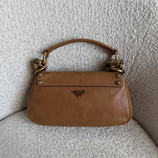 Prada Borchie Studded Brown Leather Shoulder Bag