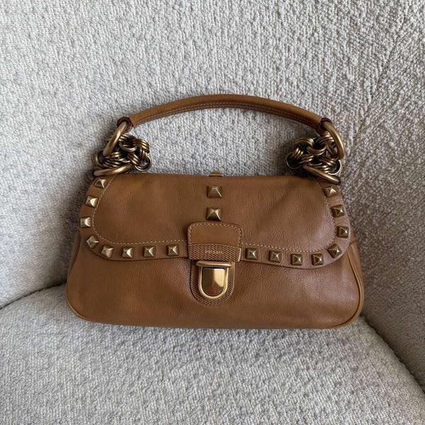 Prada Borchie Studded Brown Leather Shoulder Bag