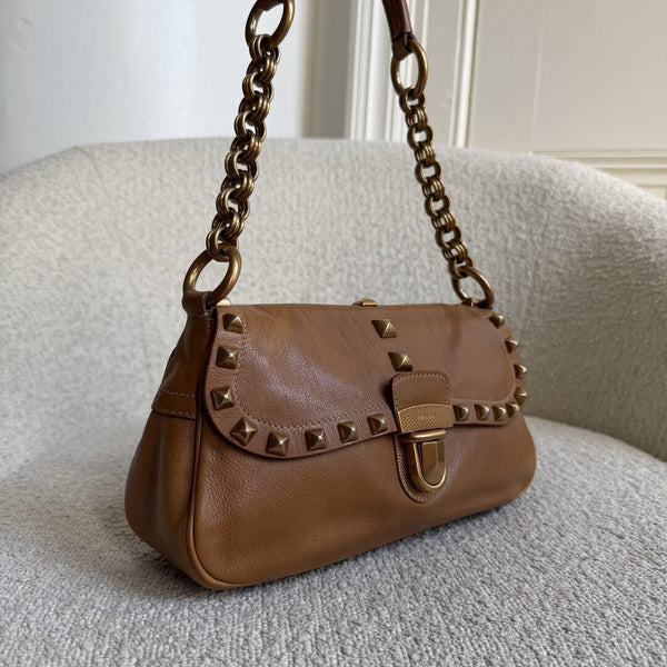 Prada Borchie Studded Brown Leather Shoulder Bag
