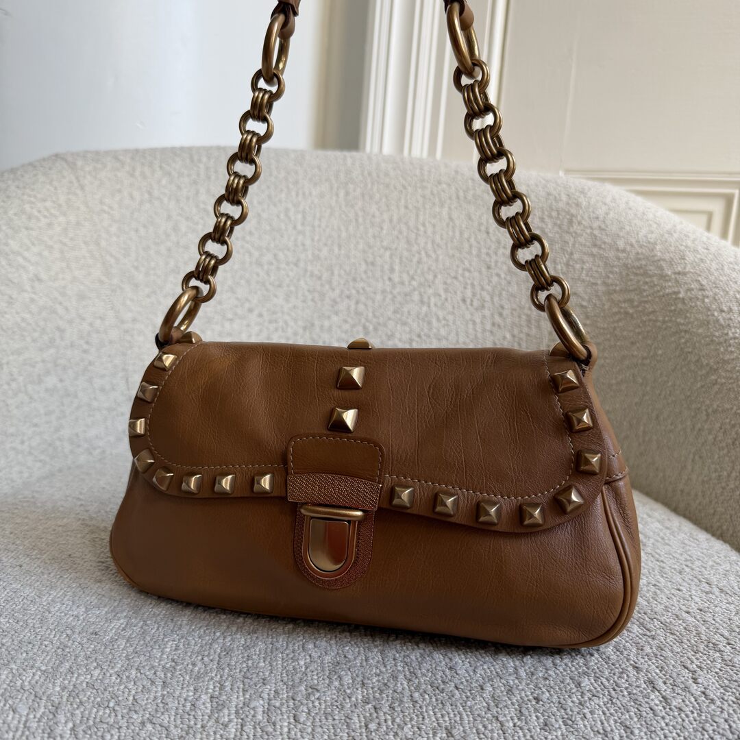 Prada Borchie Studded Brown Leather Shoulder Bag