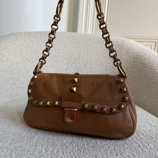Prada Borchie Studded Brown Leather Shoulder Bag