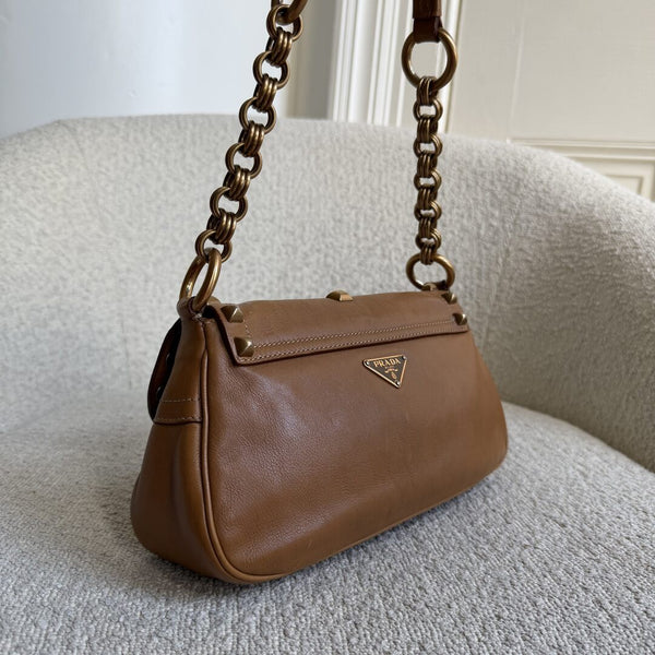 Prada Borchie Studded Brown Leather Shoulder Bag