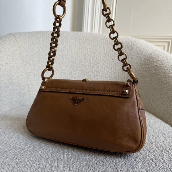Prada Borchie Studded Brown Leather Shoulder Bag