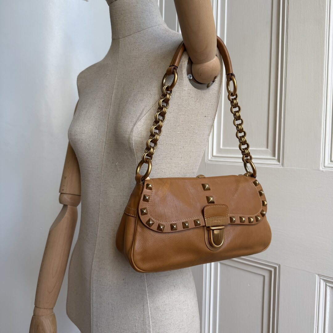 Prada Borchie Studded Brown Leather Shoulder Bag
