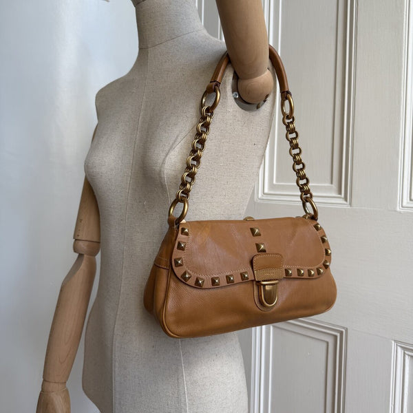 Prada Borchie Studded Brown Leather Shoulder Bag