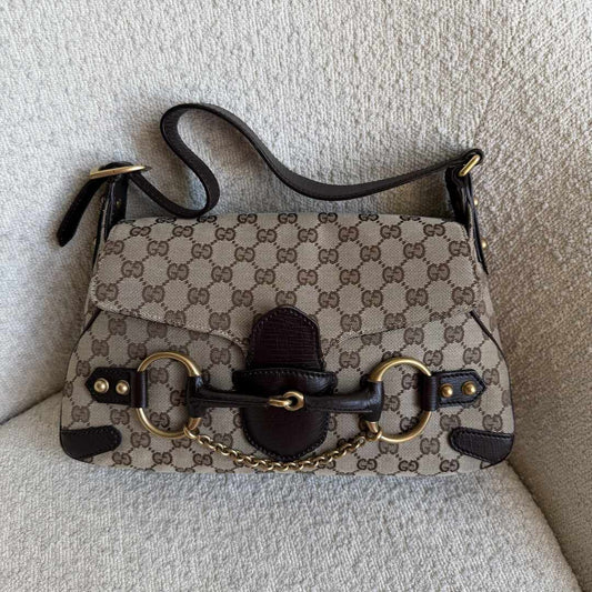 Gucci GG Canvas Horsebit Chain Brown Shoulder Bag