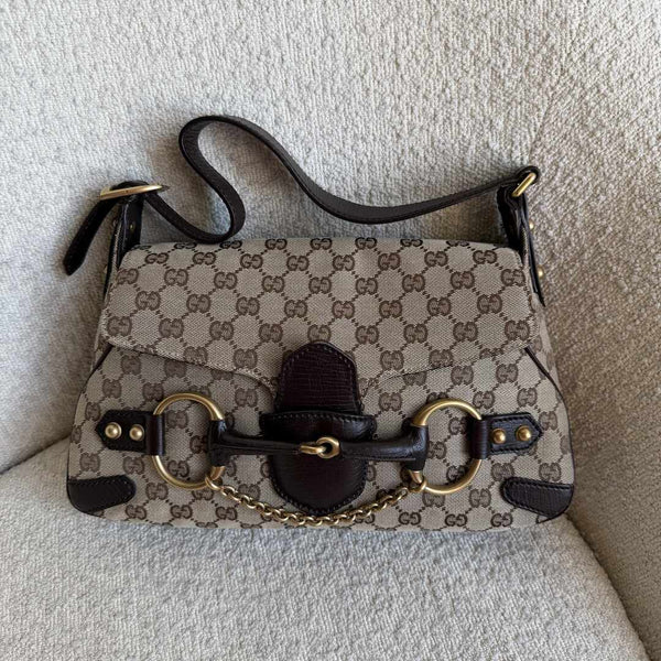 Gucci GG Canvas Horsebit Chain Brown Shoulder Bag
