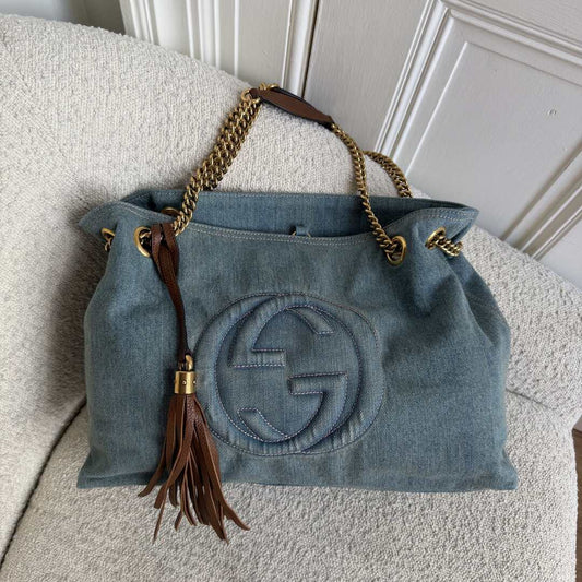 Gucci Soho Chain Denim Blue Tote Bag