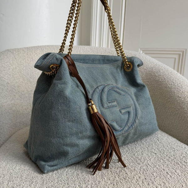 Gucci Soho Chain Denim Blue Tote Bag