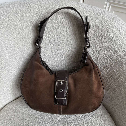 Coach Suede Leather Brown Hobo Buckle Shoulder Bag