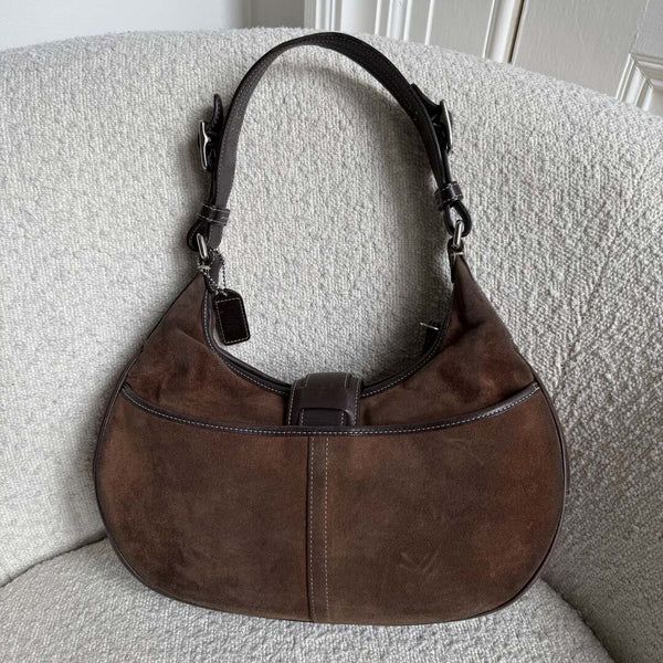Coach Suede Leather Brown Hobo Buckle Shoulder Bag