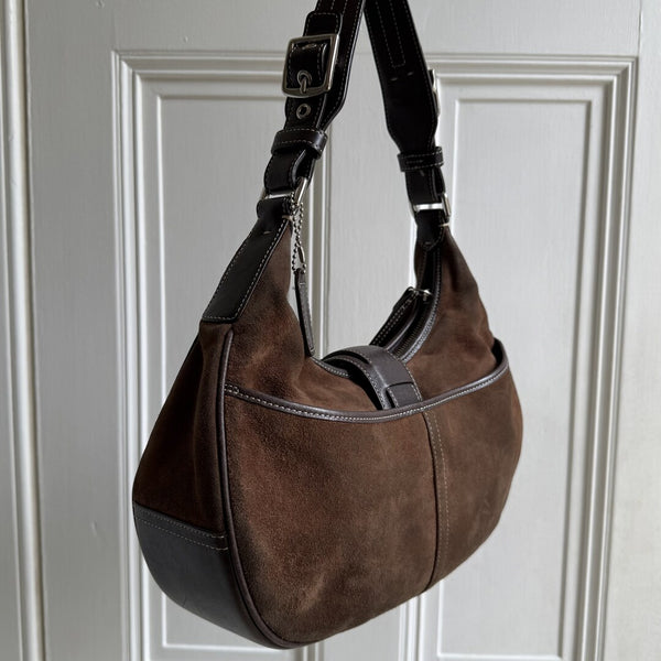 Coach Suede Leather Brown Hobo Buckle Shoulder Bag